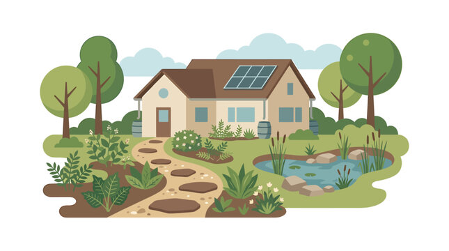 Tranquil suburban garden with solar powered home and pond. Vector Illustrations. EPS Editable