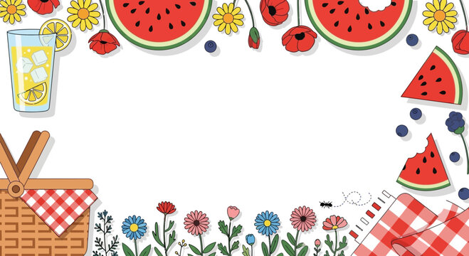 Vector picnic border with watermelon, flowers and picnic basket