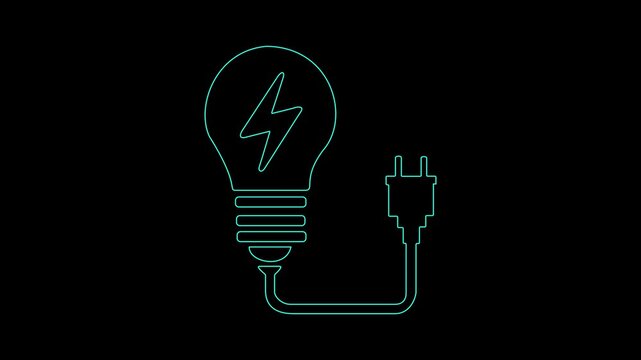 Neon electric bulb icon animation. Glowing light bulb symbol animation on black background.