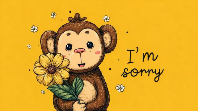 cute little monkey with flower sorry card illustrated animation