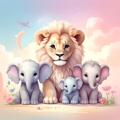 Fototapeta premium An adorable lion surrounded by three baby elephants, all depicted in a soft, pastel-colored aesthetic under a cheerful, sunny sky