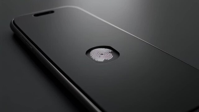 Smartphone fingerprint sensor close up on device back panel. Smartphone fingerprint sensor highlighting biometric security technology. Modern smartphone fingerprint sensor technology animation.