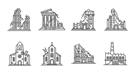 Fototapeta premium Collection of Damaged Buildings and Ruins Line Art Illustrations.