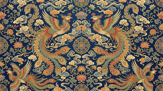 Traditional chinese phoenix pattern on blue silk fabric with golden clouds and lotus flowers