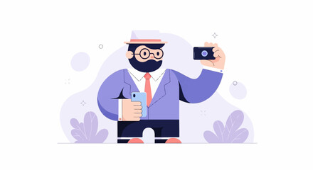 Obraz premium A man in a hat, suit and tie takes a photo with his phone