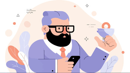 Fototapeta premium Bearded man in suit with glasses holds phone and drink