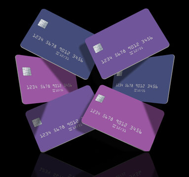 Generic mock credit cards or debit cards are seen in this 3-d illustration about banking, finance and business.
