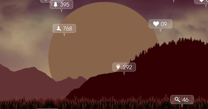 Animated social media icons and numbers on a kaleidoscopic background.