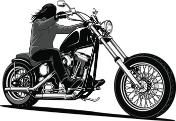 Silhouette rider on custom chopper motorcycle, long fork design vector, V‑twin engine artwork, biker culture lifestyle illustration concept – flavector © MSTMASUMA