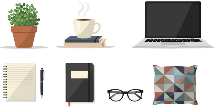 A workspace setup with a potted plant, coffee, laptop, notebook, pen, glasses, and pillow