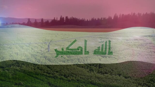 Translucent Iraqi flag overlay appearing waving while sun emerging highlighting green farmland
