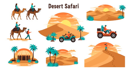 Obraz premium Desert Safari Adventure Collection with Camels and ATVs. Vector Illustrations. EPS Editable
