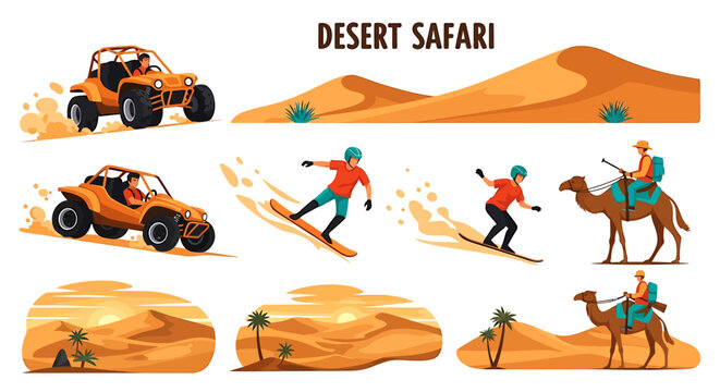 Desert Safari Adventure Set with Dune Buggies Sandboarding and Camel Riding. Vector Illustrations. EPS Editable