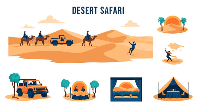 Desert Safari Adventure with Camels Jeeps and Sandboarding in a Flat Design Illustration Set. Vector Illustrations. EPS Editable