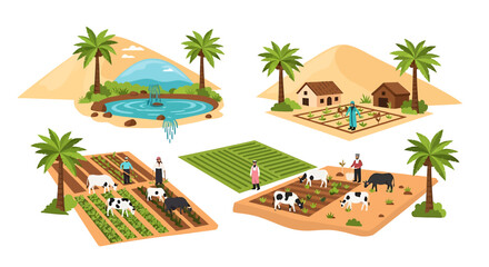 Obraz premium Isometric Egyptian Oasis and Farmland with Date Palms and Livestock. Vector Illustrations. EPS Editable