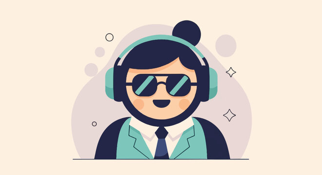 A stylized person in sunglasses and headphones, wearing a tie