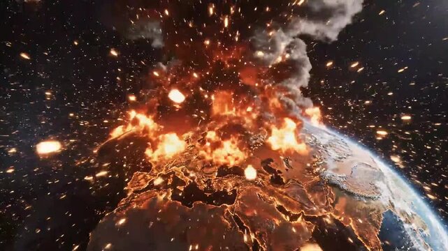 A massive explosion engulfs the planet with fire and smoke in a catastrophic event in outer space.