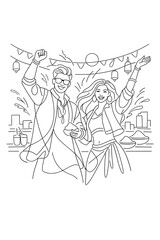 Obraz premium Modern single line art of playful college students celebrating on campus in minimal monoline style