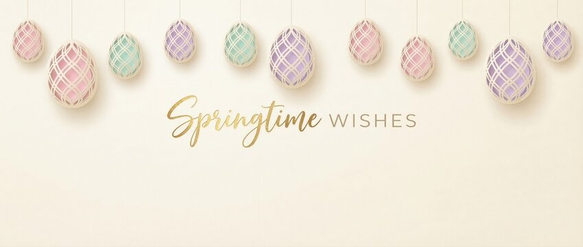 Decorative Easter eggs hanging with pastel colors and intricate patterns, wishing springtime joy and celebration Elegant, festive, and lighthearted holiday concept