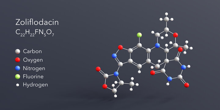 zoliflodacin molecule 3d rendering, flat molecular structure with chemical formula and atoms color coding