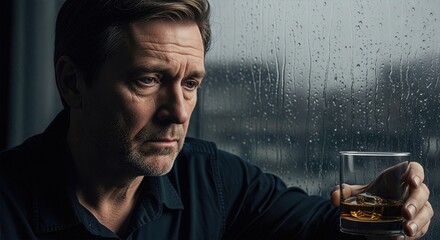 Lonely and melancholy man with whiskey glass, deep reflection looking at rain through window, sadness and depression