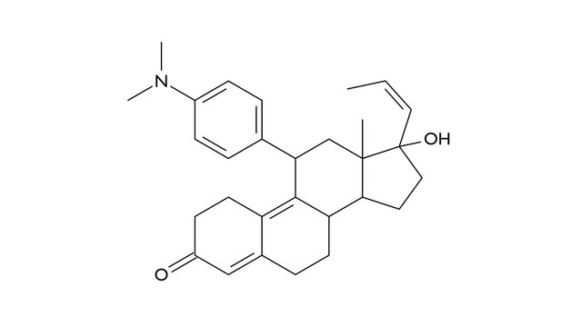 aglepristone molecule, structural chemical formula, ball-and-stick model, isolated image progesterone receptor antagonist