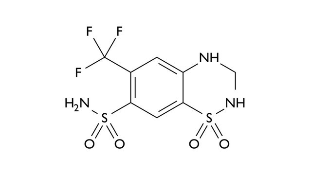 hydroflumethiazide molecule, structural chemical formula, ball-and-stick model, isolated image thiazide diuretic