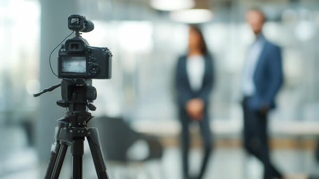 A professional setup showcases a camera on a tripod. Two individuals engage in a lively discussion, sharing ideas and insights in a modern office environment. The energy is palpable.
