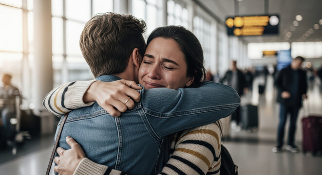 Moving hug at the airport, expression of sadness, love and emotional intensity in a greeting