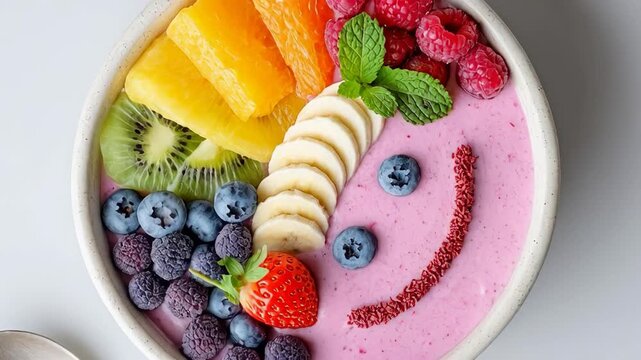 Vibrant smoothie bowl with fresh fruits and creative design on white background