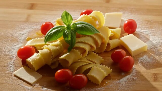 Pasta farfalle with cherry tomatoes, basil, and cheese on a floured wooden surface featuring Italian food, flour, cooking ingredients with culinary