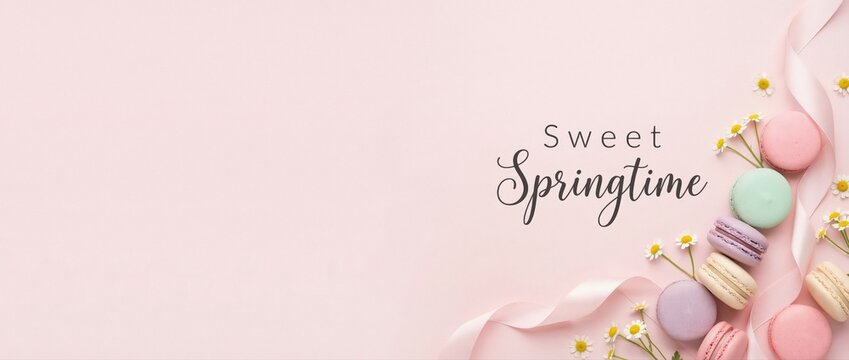 Pastel macarons and daisies with pink ribbon on soft pink background, Sweet Springtime text, concept of celebration, dessert, and seasonal joy