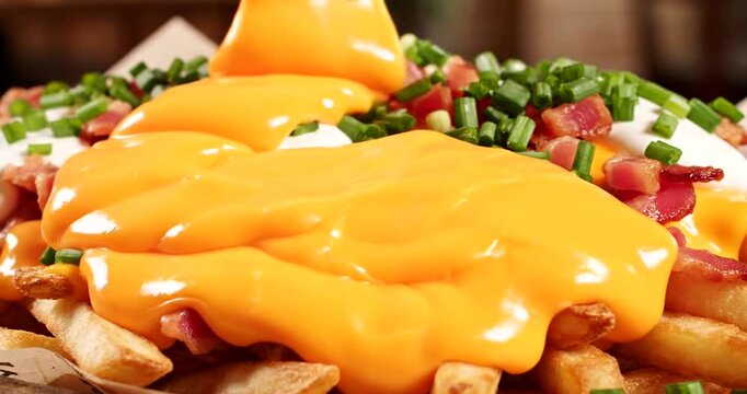Cheese being poured on poutine dish.