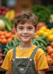 Fototapeta premium Smiling boy in front of a fruit and vegetable stall, expression of innocence, joy, and healthy curiosity