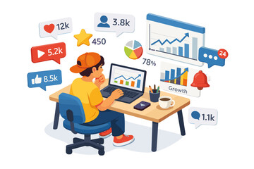 Young person working on laptop surrounded by social media notifications and data charts.