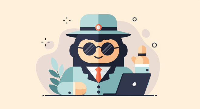 Stylized primate in a hat and suit sits at a laptop