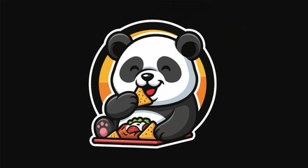 Cartoon panda eating food on a black background © Alan
