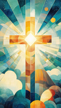 Cross in radiant light &ndash; Christian stained glass symbolizing faith, hope, and spirituality. AI generative.