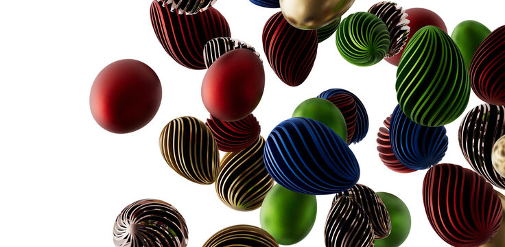 Artistic rendering of decorative Easter eggs in various colors, floating against a clean white backdrop. Perfect for hol