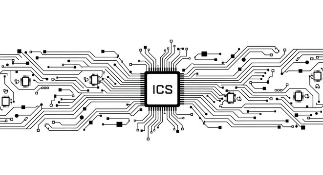 Microchip with ICS Label and Intricate Circuit Board Design on Isolated White Background