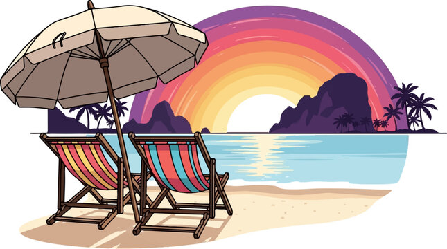 Two empty striped lounge chairs sit on a beach under a large umbrella, with a colorful sunset over islands and palm trees