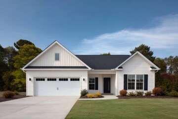 Fototapeta premium Single-level white ranch house garage lawn blue sky porch large windows gable with neat planting beds and long concrete driveway in peaceful suburban setting