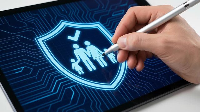 Digital family health insurance policy offers comprehensive medical safety and life security protection on tablet, providing peace of mind and reliable security for loved ones in uncertain times