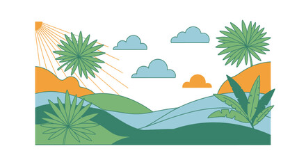 Obraz premium Stylized tropical landscape with green hills, palm trees, sun rays, and clouds, a peaceful natural environment.