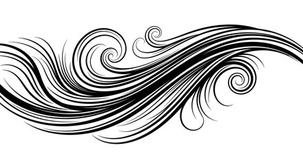 Abstract black swirling wavy lines, decorative organic design element on an isolated white background.