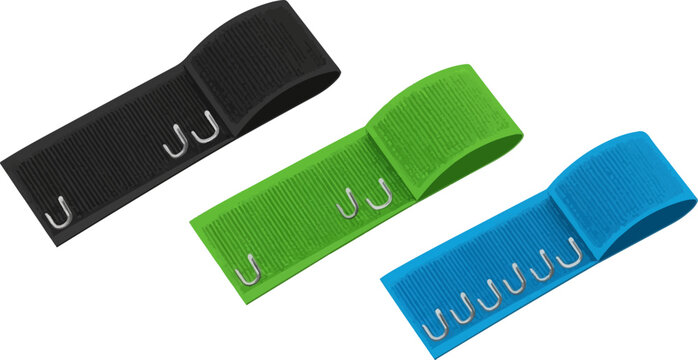 Three colorful bra extenders, each featuring a textured strap and metal hooks for adjustment