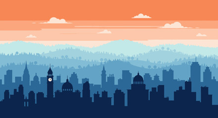 Fototapeta premium Panoramic Cityscape at Sunset with Silhouettes of Buildings and Distant Mountains, Urban Skyline Illustration with Gradient Sky