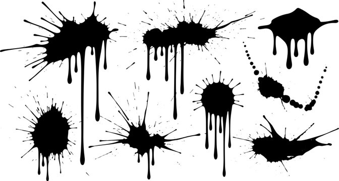 Black ink splatters and drips form abstract artistic shapes and textures on a white background