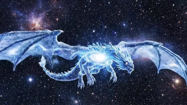 Cosmic ice dragon flies through galaxy, stellar nebula background, mystical fantasy creature