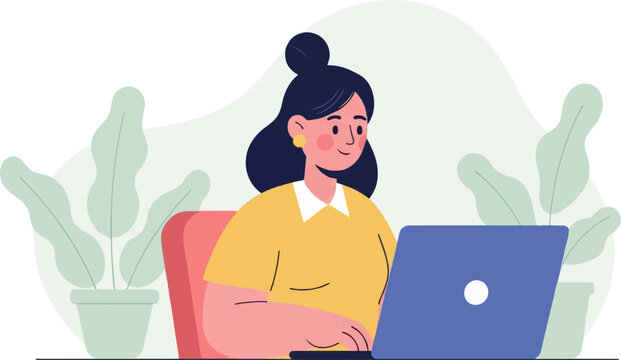Flat design of a woman working on a laptop amidst houseplants, with a soft background